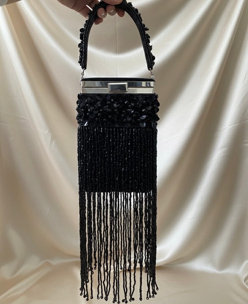 Noir Cascada Fringe Box Clutch