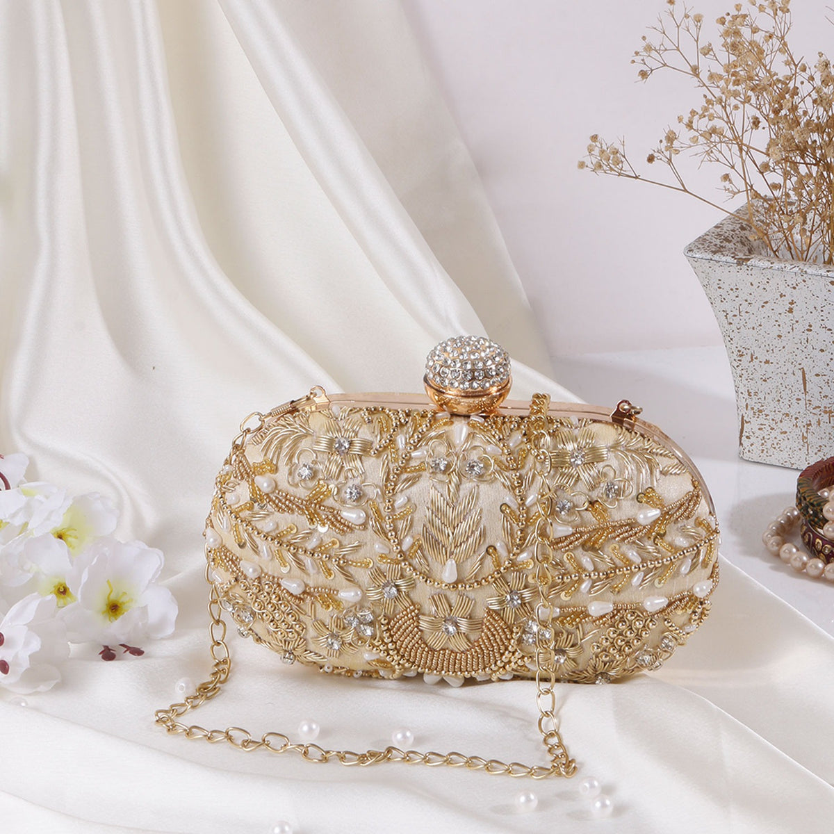 Zehra - Pearl & Zari Handwork Golden Clutch