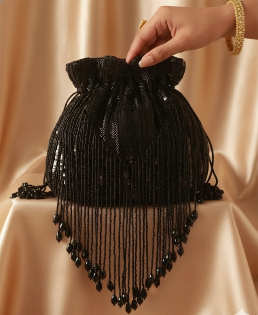 Kaala Noor Black Sequin Fringe Potli