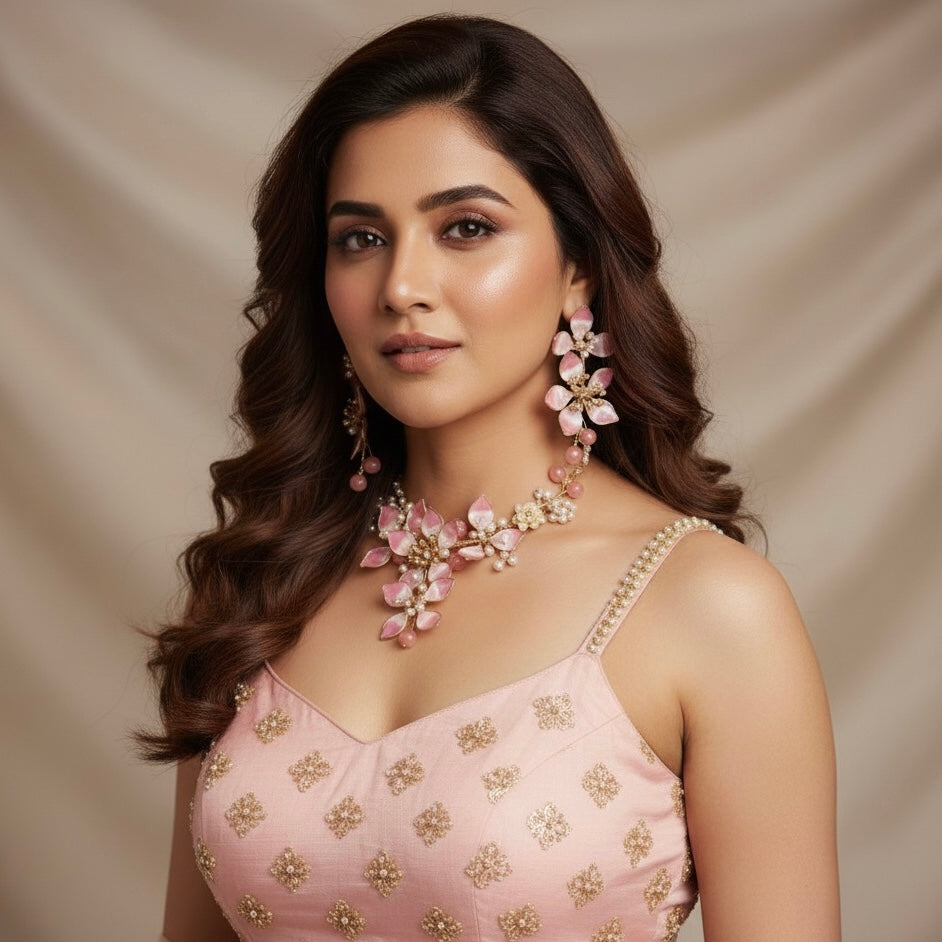 Rosy Dusk Blossom Necklace Earrings Set