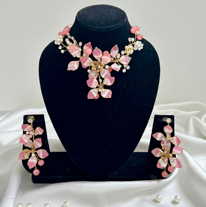 Rosy Dusk Blossom Necklace Earrings Set