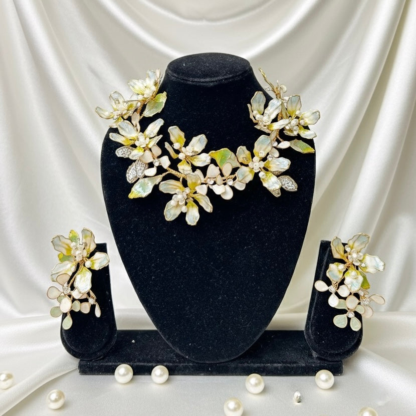 Luminous Petal Crystal Neckpiece Earrings Set