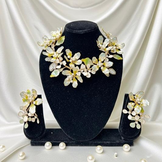Luminous Petal Crystal Neckpiece Earrings Set
