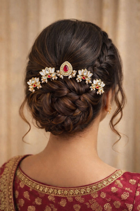 Red Lotus Kundan Hair Pins (Set of 5)