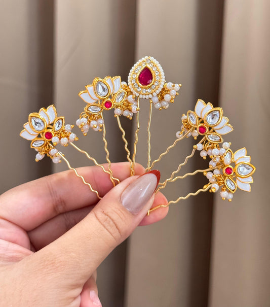 Red Lotus Kundan Hair Pins (Set of 5)
