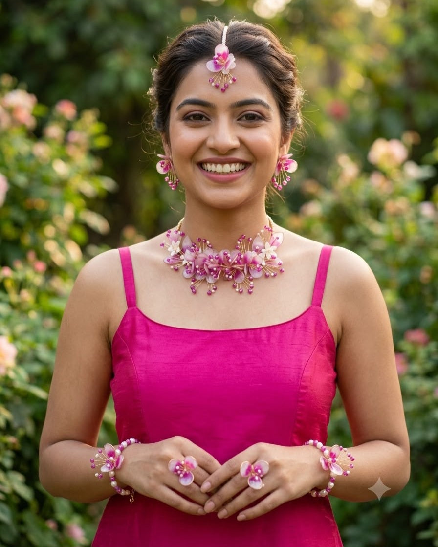 Gulabi Noor – Handcrafted Pink Floral Resin Jewellery Set